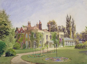 Utsikt over inngangen og hagen ved Raleigh House, Brixton Hill, Lambeth, 1887