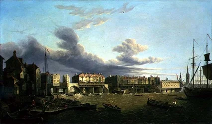 Utsikt over Old London Bridge slik den var i 1747 (olje på lerret)