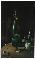 Stilleben med flaske og glass (olje på lerret)