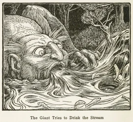 The Giant Trys to Drink the Stream, fra Europas Fairy Book, pub. 1916 (gravering)