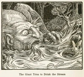 The Giant Trys to Drink the Stream, fra Europas Fairy Book, pub. 1916.