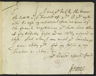 Cotton Julius C. III, f.153 Autografbrev fra John Donne til Sir Robert Cotton, skrevet fra fengselet, 20. februar 1601 (blekk på papir)
