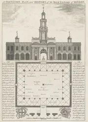En høyde, plan og historie til Royal Exchange of London