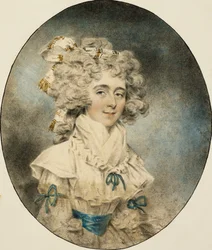 Portrett av Mrs. Fisher, halv lengde, i en hvit kjole prydet med blå bånd, 1788