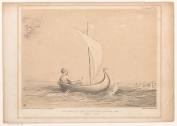 Spotprent møtte Lord Russell i en zeilboot Seiler for vinden, med Breakers foran. En smal flukt (tittel på objekt) HB Sketches (serietittel på objekt)