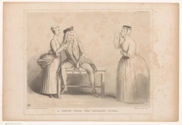 Spotprent met scène uit The Beggar's Opera Scene fra Tiggerens Opera (tittel på objekt) HB Sketches (serietittel på objekt)