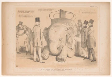 Spotprent over de aanstelling av Henry Hardinge som guvernør i India En leksjon i elefantridning! Studert fra Nature in the Zoological Gardens (tittel på objekt) HB Sketches (serietittel på objekt)