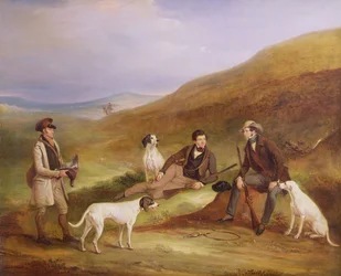 Edward Horner Reynard og hans bror George på rypejakt med viltvokteren Tully Lamb i Middlesmoor, Yorkshire