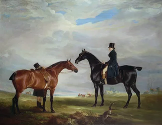 Frank Hall Standish på sin svarte jakthest med en stallgutt og en annen hest