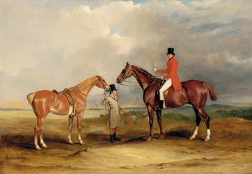 Portrett av John Drummond på en jeger med en brudgom som holder sin andre hest, i et landskap, et jaktselskap bortenfor, 1831