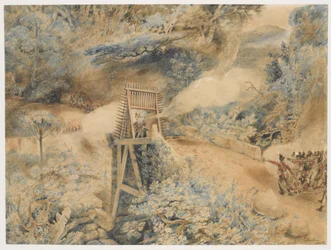 Det tredje vestindiske regimentet skyter mot franske tropper ved et brohode, på Ile de Cabret eller Terre d'en Haut, april 1809 (akvarell på papir)