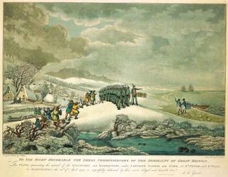 Til de høyt ærede Lords Commissioners of the Admiralty of Great Britain, denne tallerkenen representerer ankomsten av «Discovery» og «Resolution», under kapteinene Clerke og Gore