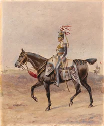 En ridende offiser fra 17. Regiment of (Light) Dragons (Lancers), ca. 1825 (olje og gouache på papir)