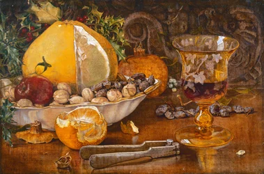 Stilleben av frukt, nøtter og vinglass, 1864