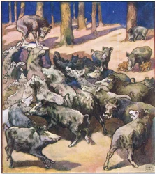 I midten av stubben sto en stor grå ulv (farge litho)
