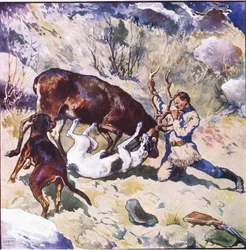 Kampen ville vært interessant og spennende for en tilskuer (farge litho)