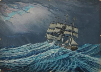 Et seilskip, sent på 1800-tallet - midten av 1900-tallet (olje på kort)