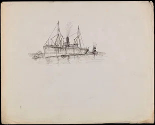 PAH1225; Dampskip nær kysten med slepebåt ved siden av. Passasjerskip med slepebåt og hjuldamper Tilbury i nærheten (tegning).