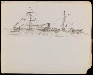PAH1228; Skisser av et slagskip og to andre fartøy fra Royal Navy (tegning)