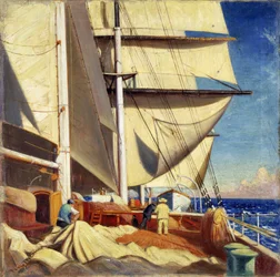 Reparasjon av seil om bord på «Brickdale», under en reise fra Bristol til Sabine Pass, Texas (USA), mellom april og juni 1920