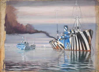 SS Lepanto og et annet dampskip, begge blendende malt, forankret i rolig vann