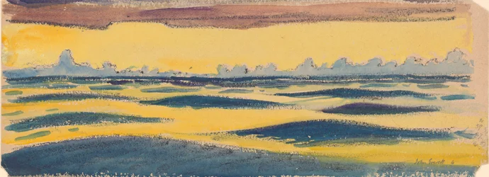 Sjølandskap, mørkeblå og gul og brun sky, slutten av 1800-tallet - midten av 1900-tallet (akvarell, grafitt, pastell)