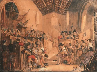 A Roundhead Conventicle: en scene fra "Peveril of the Peak" av Sir Walter Scott, 1841