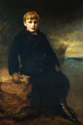Portrett av Cecil Webb, sittende i hel figur, iført en svart frakk med pelskrage, 1887