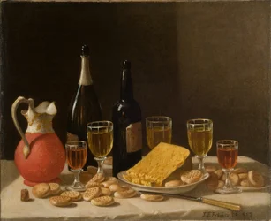 Stilleben med flasker, vin og ost 1857 (olje på lerret)