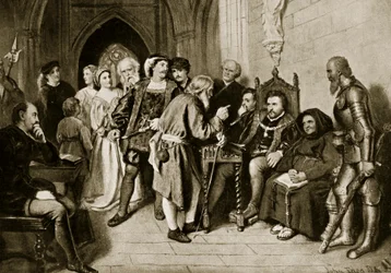 Jakob IV i råd før slaget ved Flodden, 1513, illustrasjon fra «Hutchinson