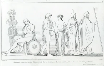 Agamemnon anklaget heralderne Taltibius og Euribat for bortføringen av Briseis; Achilles fikk den overlevert til deres hender av Patrocles. Tegning av John Flaxman (1755 - 1826). Homers Iliaden. Synger I