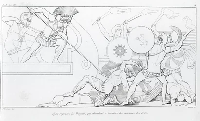 Ajax frastøter trojanerne som prøver å brenne de greske skipene. Tegning av John Flaxman (1755 - 1826). Homers Iliaden. Sang XV.