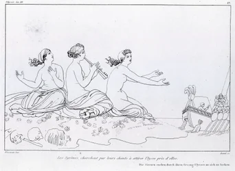 Havfruer forsøker med sin sang å lokke Odyssevs. Tegning av John Flaxman (1755 - 1826). Homers Odysseen. Sang XII.