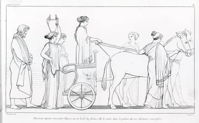 Nausikaa, som nettopp har møtt Odyssevs, tar ham med til palasset til sin far, kong Alkinoos. Tegning av John Flaxman (1755 - 1826). Homers Odysseen. Sang VI.