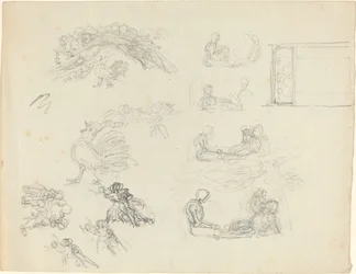 Studier av krokende hane og liggende figurer [recto and verso]