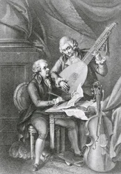 Portrett av Franz Joseph Haydn (1732-1809) og Wolfgang Amadeus Mozart (1756-91) som komponerer musikk for lut, gravert av Michele Benedetti (1745-1810)