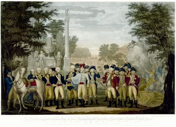 Britene overga sine våpen til general Washington etter deres nederlag ved York Town i Virginia oktober 1781, 1819 (håndfarget kobberstikk)