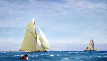 En stor seilbåt og en lekter på Themsen, utenfor kysten av en havn. Olje på lerret, cirka 1910, av John Fraser (1858–1927).