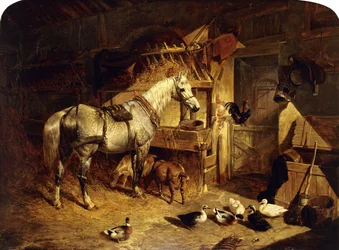 Interiøret i en stall med en flekkete grå hest i sele, med ender, geiter og en hane ved en krybbe, 1843
