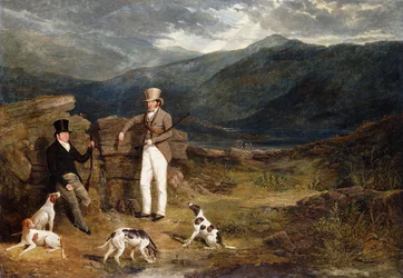 To herrer med stående fuglehunder på en rypehei, 1824