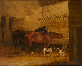 Hester og hunder i et stallinteriør (olje på lerret)