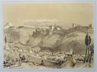 Alhambra fra Albay, fra 'Sketches and Drawings of the Alhambra', gravert av James Duffield Harding (1798-1863), 1835