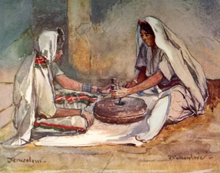 To kvinner som maler ved en håndmølle, 1902.
