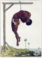 En svart person hengt levende etter ribbeina i en galge, utgitt 1796