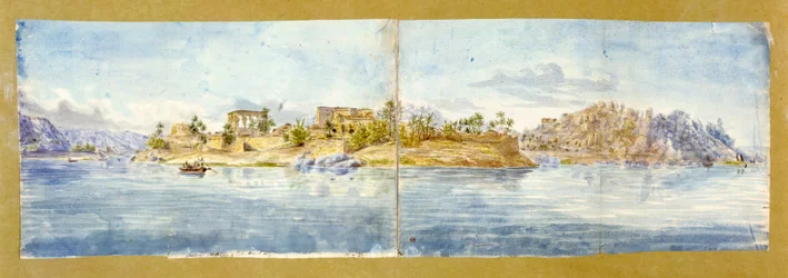 Øya Philae. Akvarell av John Gardner Wilkinson (1797–1875), britisk reisende og arkeolog, «den britiske egyptologiens far». Gammelt egyptisk tempelkompleks ved Nilen nær Aswan.