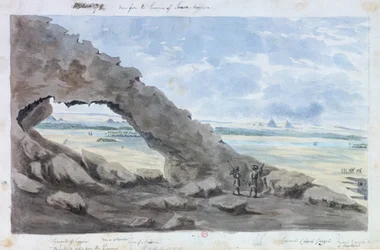 Utsikt fra steinbruddene i Toora Maasara#39;. Tre grupper med pyramider kan sees i det fjerne. Fra venstre til høyre, Saqqara, Abooseer og Giza (Giza). John Gardner Wilkinson (1797–1875) engelsk oppdagelsesreisende og egyptolog.