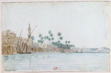 Utsikt over Manfaloot. Akvarell. John Gardner Wilkinson (1797–1875) engelsk oppdagelsesreisende og egyptolog. By ved Nilen, med minaret, palmer og båter for anker. Egypt