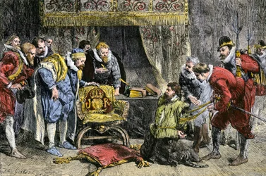 Guy Fawkes foran kong James I av England etter kruttkonspirasjonen 5. november 1605. 1800-tallet (gravering)