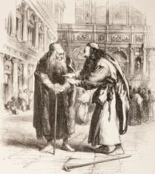 Illustrasjon for The Merchant of Venice, Shylock og Tubal møtes på gaten, Act III, Scene I, fra 