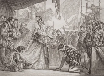 Dronning Elizabeth I (1530-1603) ridder Francis Drake (1540-96) fra 
